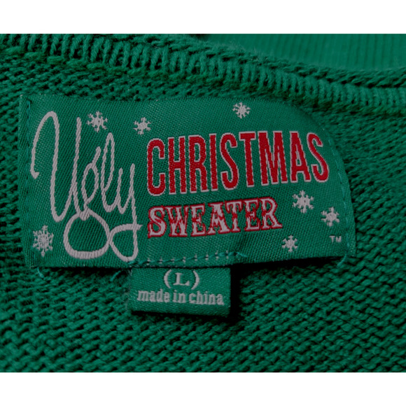 Ugly Christmas Sweater Womens Large Green Pug Santa Hat Striped Sleeves - Picture 2 of 13